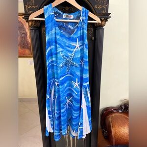 Blue Starfish Print Sleeveless Beach  Dress $55